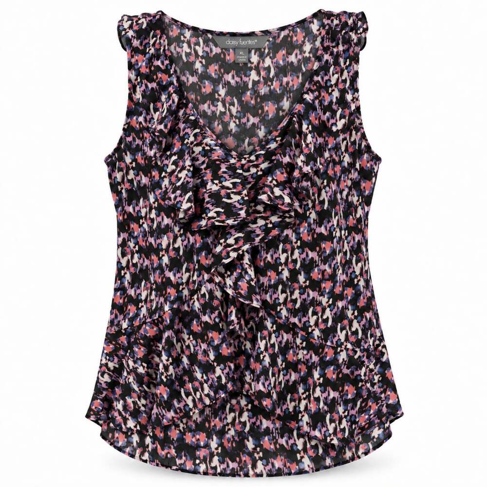 daisy fuentes Ruffled V-Neck Tank Top Size XL Multicolor Chiffon Abstract